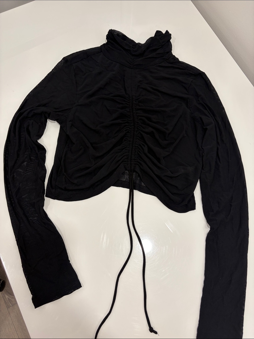 Revamped Black Ruched Sheer Drawstring Long-Sleeve Crop Top